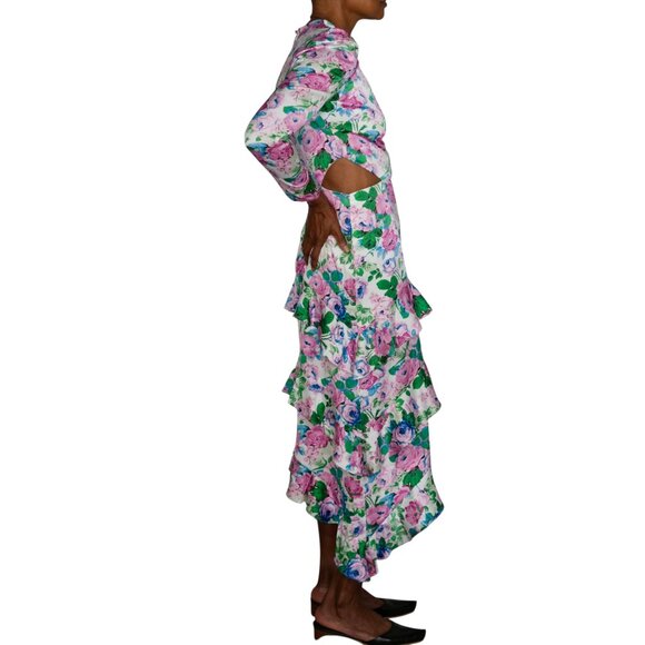 Wayf Pink Floral Print on White Satin Long Sleeve Dress with Side Cut Outs - NWT - Picture 3 of 12